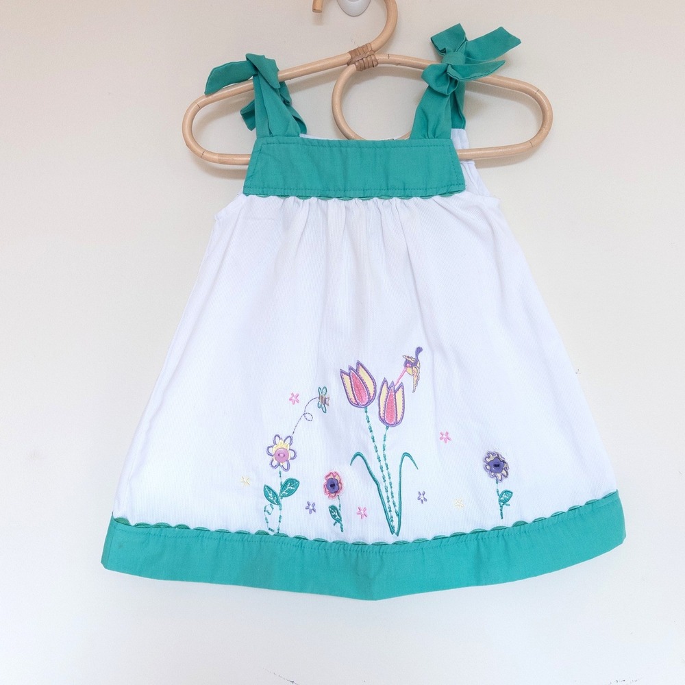 Samara Dress White Green Embroidered Hummingbird Floral Cottage Baby Girl 12M